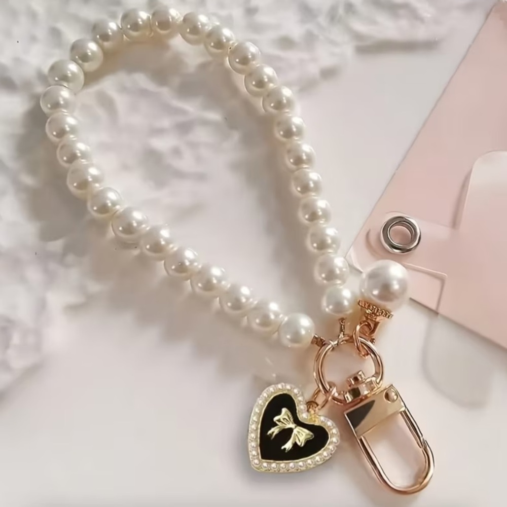 Pearl Beaded Keychain with Heart Charm